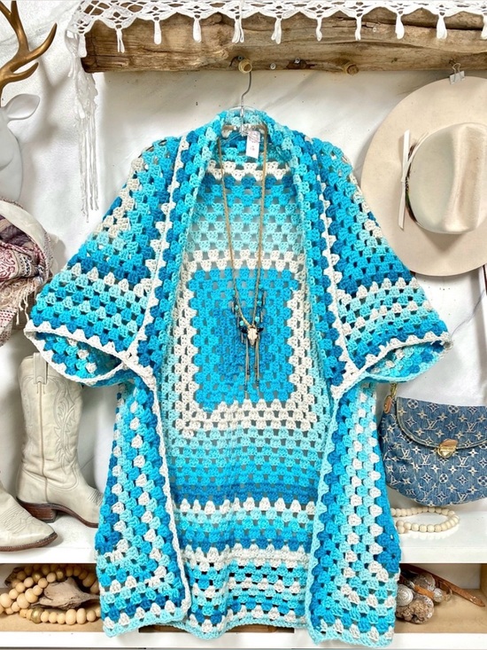 Handmade Sweaters - Hand-Crocheted Open Front Cardigan Sweater - Turquoise & Cream